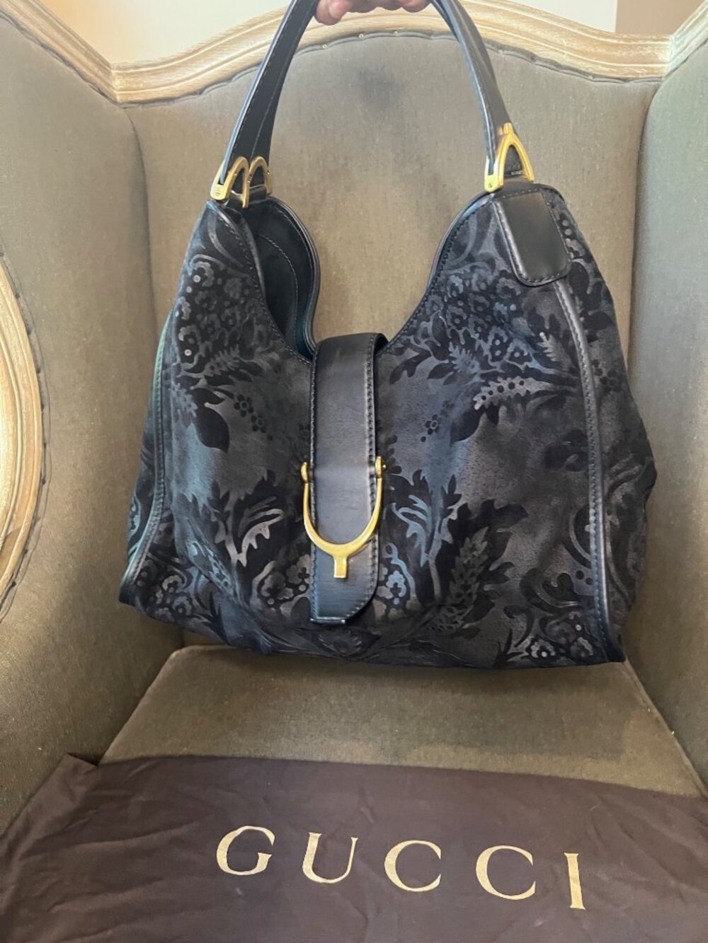 Gucci Black Brocade Hobo Bag with GHW And Leather Trim